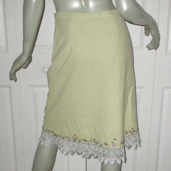 APRIL CORNELL Celery Green Linen/Cotton Embellished Skirt - Picture 3 of 5